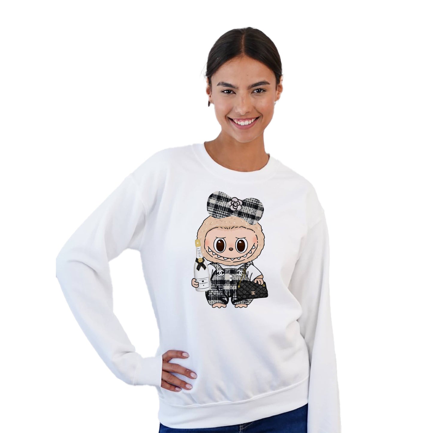 Crewneck Sweatshirt- Labubu drinking Champagne : XS