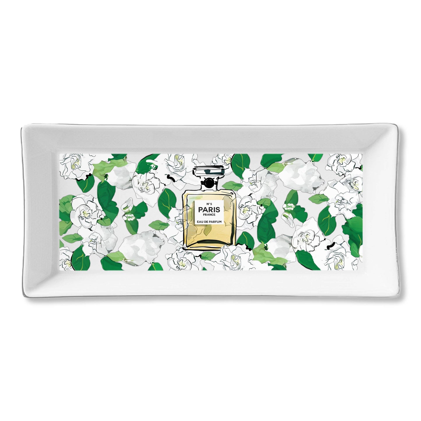 Ceramic Serving Tray- Green Floral w Perfume Bottle