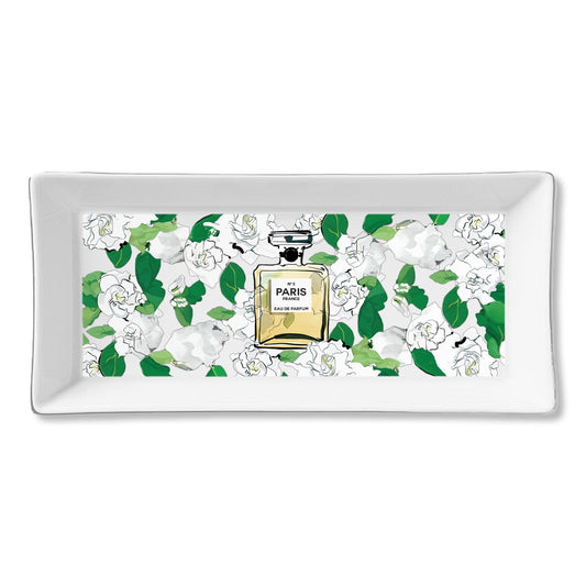 Ceramic Serving Tray- Green Floral w Perfume Bottle